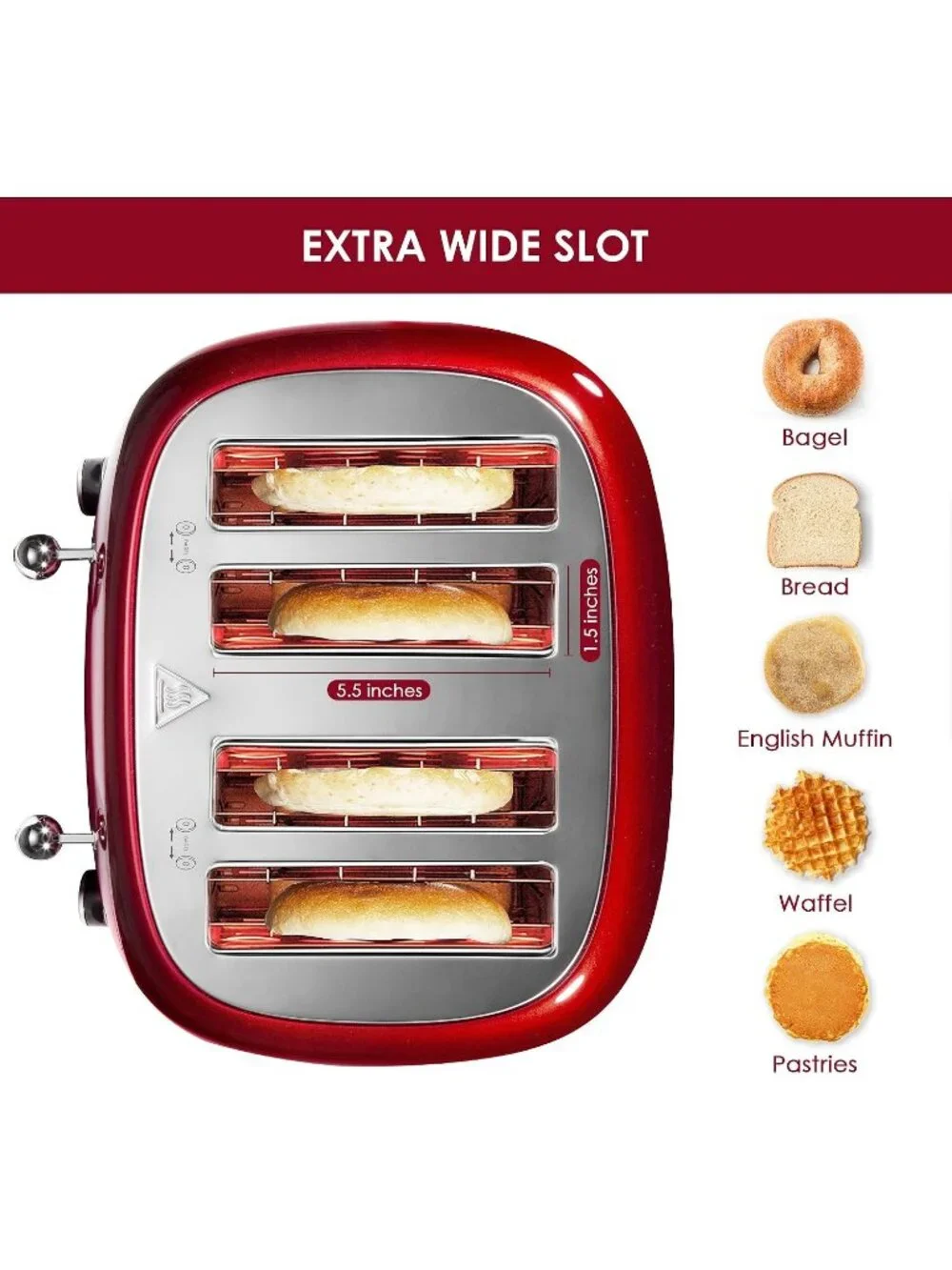4 Slice Red Retro Stainless Steel with Bagel Defrost Cancel Function Toaster